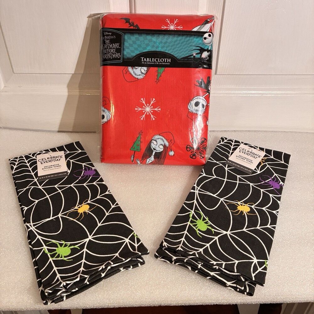 Nightmare Before Christmas Red Plastic Tablecloth & 2 Halloween Dish Towels New